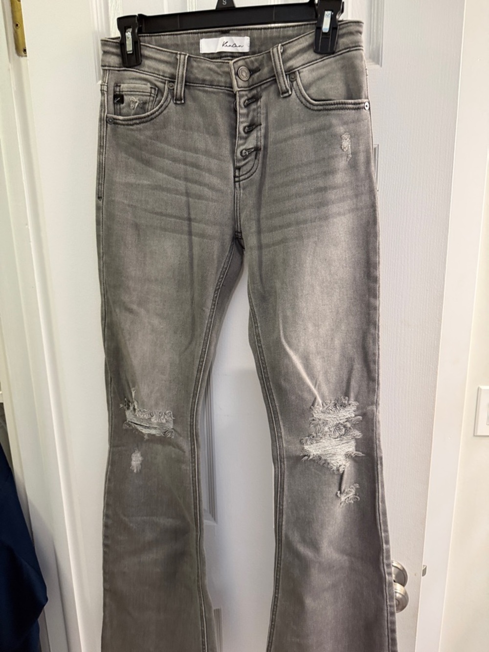 KanCan Gray Distressed Button-Fly Flare Jeans